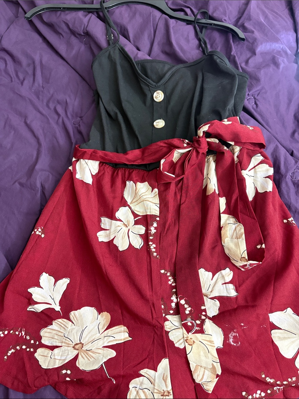 Black Spaghetti Strap Top with Red Floral Tie-Waist Skirt